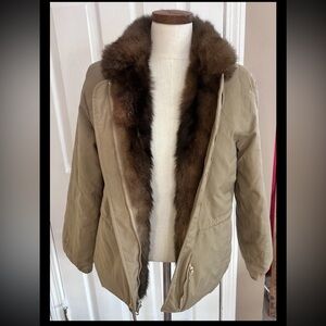 Women's Tan Bomber Jacket with Faux Fur Trim
